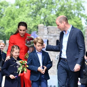 Kate Catherine Middleton, duchesse de Cambridge, le prince William, duc Cambridge, et leurs enfants, la princesse Charlotte et le prince George - Le duc et la duchesse de Cambridge, et leurs enfants, en visite à Cardiff, à l'occasion du jubilé de platine de la reine d'Angleterre. Le 4 juin 2022 