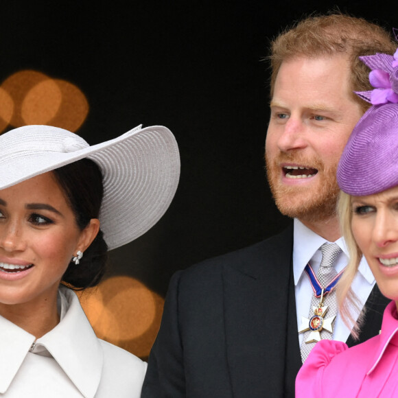 Zara Phillips (Zara Tindall), le prince Harry, duc de Sussex et Meghan Markle, duchesse de Sussex - Les membres de la famille royale et les invités lors de la messe célébrée à la cathédrale Saint-Paul de Londres, dans le cadre du jubilé de platine (70 ans de règne) de la reine Elisabeth II d'Angleterre. Londres, le 3 juin 2022. 