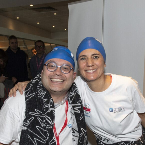 Yoann Riou et Estelle Denis lors du Challenges Swimming Heroes pour l'UNICEF lors du meeting Olympique à la piscine de Courbevoie, France, le 24 février 2019. © Pierre Perusseau/Bestimage 