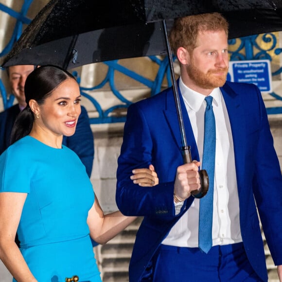 Le prince Harry, duc de Sussex, et Meghan Markle, duchesse de Sussex arrivent à la cérémonie des Endeavour Fund Awards au Mansion House à Londres, Royaume Uni, le 5 mars 2020. 