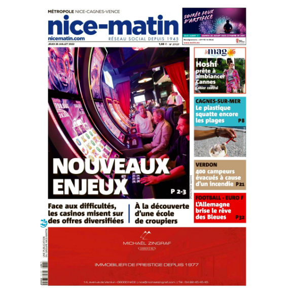 Une du quotidien "Nice Matin" du jeudi 28 juillet 2022