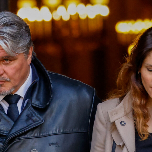David Douillet et sa femme Vanessa - Sorties des obsèques de Jean-Pierre Pernaut en la Basilique Sainte-Clotilde à Paris le 9 mars 2022. © Cyril Moreau/Bestimage 