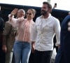Ben Affleck et sa femme Jennifer Affleck (Lopez), accompagnés de leurs enfants respectifs Seraphina et Emme, rentrent à l'hôtel de Crillon après un passage à la parfumerie "Sephora" sur les Champs-Elysées à Paris, le 25 juillet 2022.