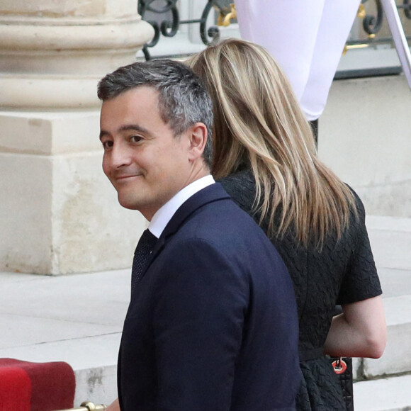 Le ministre de l'Intérieur, Gérald Darmanin et son épouse Rose-Marie Devillers arrivent pour un dîner d'Etat avec le président français et italien, au palais de l'Elysée, Paris, le 5 juillet 2021. © Stéphane Lemouton / Bestimage