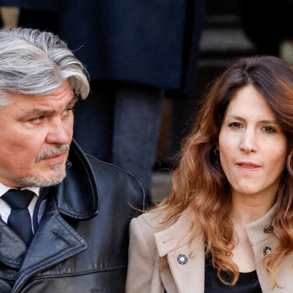 David Douillet et sa femme Vanessa - Sorties des obsèques de Jean-Pierre Pernaut en la Basilique Sainte-Clotilde à Paris le 9 mars 2022. © Cyril Moreau/Bestimage 
