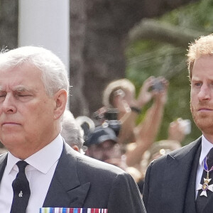 Le prince Andrew, duc d'York et Le prince Harry, duc de Sussex - Procession cérémonielle du cercueil de la reine Elizabeth II du palais de Buckingham à Westminster Hall à Londres, le 14 septembre 2022.