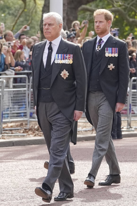 Le prince Andrew, duc d'York et Le prince Harry, duc de Sussex - Procession cérémonielle du cercueil de la reine Elizabeth II du palais de Buckingham à Westminster Hall à Londres, le 14 septembre 2022.