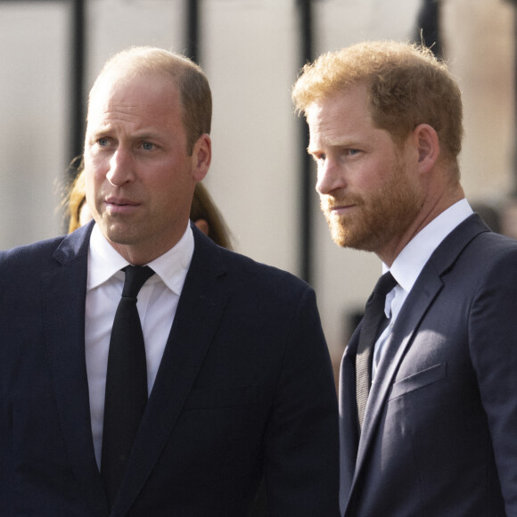 Le prince de Galles William, le prince Harry, duc de Sussex à la rencontre de la foule devant le château de Windsor, suite au décès de la reine Elisabeth II d'Angleterre.