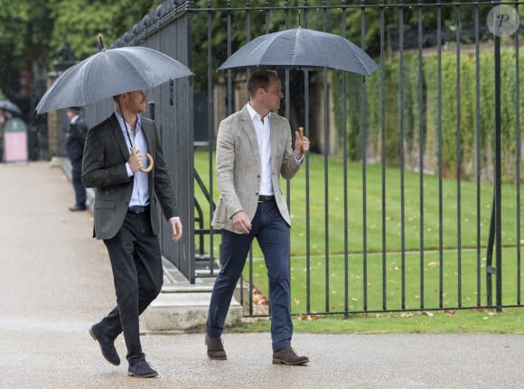 Le prince William et le prince Harry lors de la visite du Sunken Garden dédié à la mémoire de Lady Diana à Londres le 30 août 2017. 