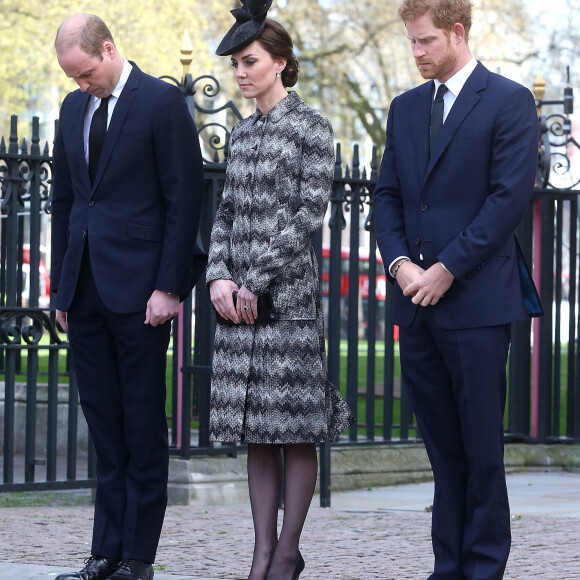 Le prince William, duc de Cambridge, Catherine (Kate) Middleton, duchesse de Cambridge, et le prince Harry assistent à une messe en hommage aux victimes de l'attentat de Londres à l'abbaye de Westminster. Londres, April 6th, 2017. 