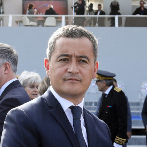 Gérald Darmanin, Ministre de l'intérieur et sa femme Rose-Marie Devillers (enceinte) - Le président français assiste au défilé du 14 juillet 2022, place de la Concorde, Paris, © Stéphane Lemouton / Bestimage