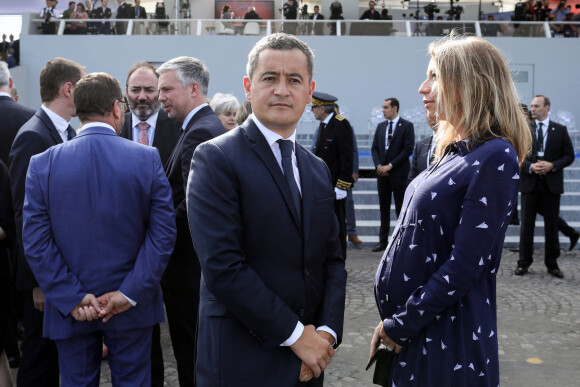 Gérald Darmanin, Ministre de l'intérieur et sa femme Rose-Marie Devillers (enceinte) - Le président français assiste au défilé du 14 juillet 2022, place de la Concorde, Paris, © Stéphane Lemouton / Bestimage