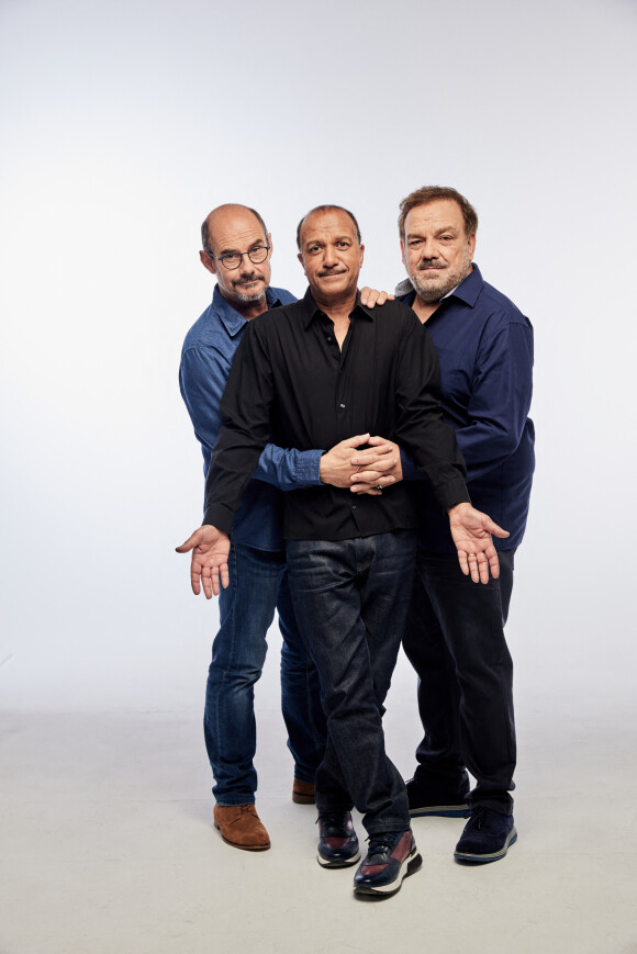 Exclusif - Rendez-vous avec Les Inconnus (Didier Bourdon, Bernard Campan et Pascal Légitimus) en studio à Paris. Le 4 octobre 2022. © Cyril Moreau / Bestimage