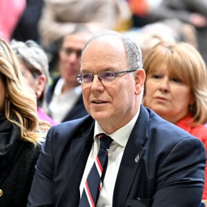 Exclusif - Le prince Albert II de Monaco, sa nièce, Camille Gottlieb, la marraine d'honneur du Téléthon monégasque, guidés par Muriel Agliardi, la présidente de l'association Monaco Maladies Génétiques, ont inauguré la 36ème édition du Téléthon au Grimaldi Forum à Monaco. Le 3 décembre 2022. © Bruno Bebert / Bestimage 