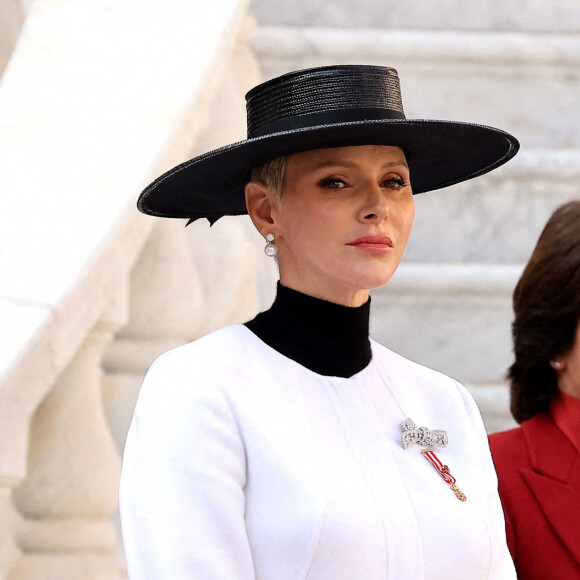 La princesse Charlene de Monaco, La princesse Stéphanie de Monaco - La famille princière de Monaco dans la cour du palais lors de la Fête Nationale de la principauté de Monaco © Dominique Jacovides / Bruno Bebert / Bestimage