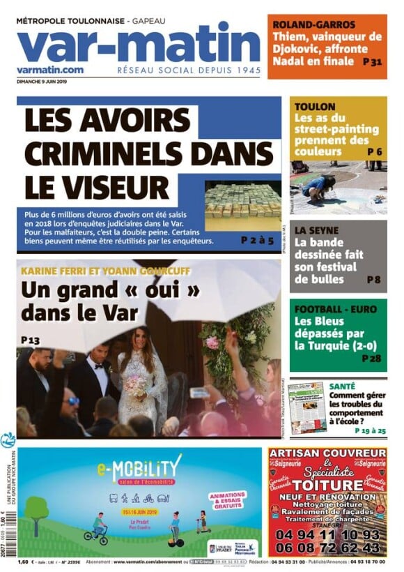 Une de Var-Matin du dimanche 9 juin 2019. L'édition revient notamment sur le mariage de Karine Ferri et Yoann Gourcuff, la veille à La Motte.