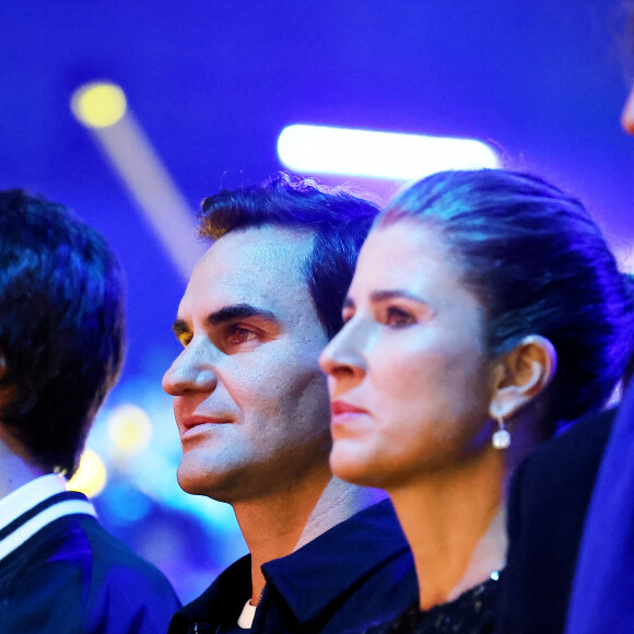 Exclusif - Roger Federer et sa femme Miroslava Vavrinec - Personnalités lors de l'enregistrement de l'émission "Le gala des Pièces Jaunes, le concert événement" au Zenith de Paris, et diffusée le 28 janvier sur France 2. Le 25 janvier 2023 © Dominique Jacovides / Bestimage 