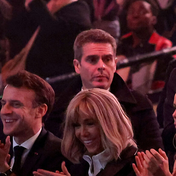 Exclusif - Claude et son mari Didier Deschamps, Emmanuel et Brigitte Macron, sa fille Tiphaine Auzière - Personnalités lors de l'enregistrement de l'émission "Le gala des Pièces Jaunes, le concert événement" au Zenith de Paris, et diffusée le 28 janvier sur France 2. Le 25 janvier 2023 © Dominique Jacovides / Bestimage 