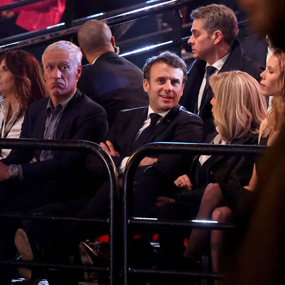 Exclusif - Claude et son mari Didier Deschamps, Emmanuel et Brigitte Macron, sa fille Tiphaine Auzière - Personnalités lors de l'enregistrement de l'émission "Le gala des Pièces Jaunes, le concert événement" au Zenith de Paris, et diffusée le 28 janvier sur France 2. Le 25 janvier 2023 © Dominique Jacovides / Bestimage 