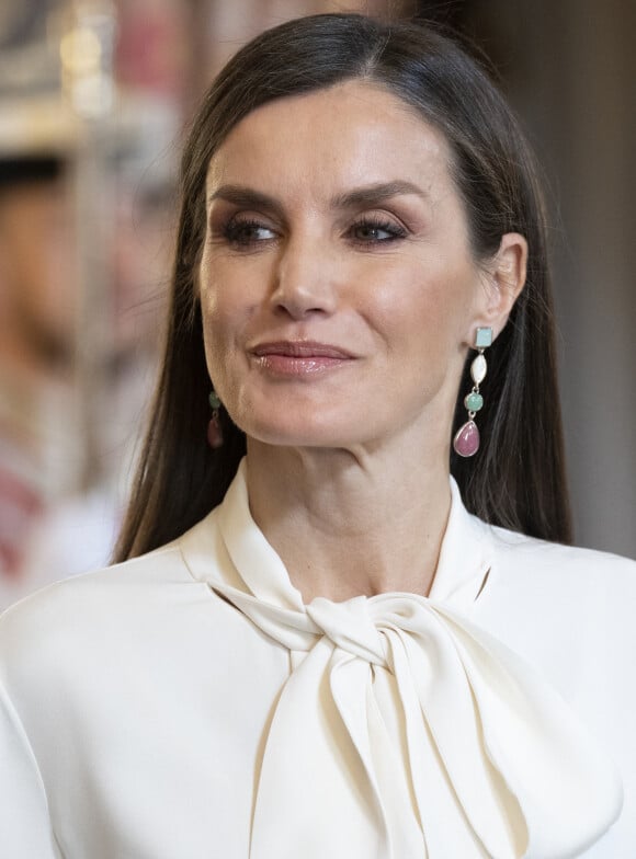 Le roi Felipe VI et la reine Letizia, lors de la réception du corps diplomatique accrédité en Espagne, au Palais Royal à Madrid.