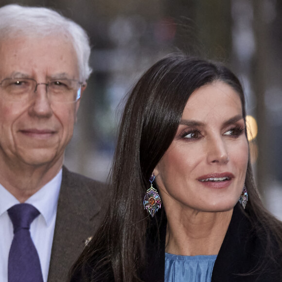 La reine Letizia d'Espagne à son arrivée à l'Académie Royale Espagnole à Madrid. Le 19 janvier 2023