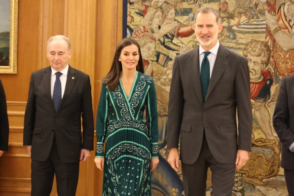 Le roi Felipe VI et la reine Letizia d'Espagne, reçoivent les représentants de la Croix Rouge au palais de la Zarzuela à Madrid, le 1er février 2023. 