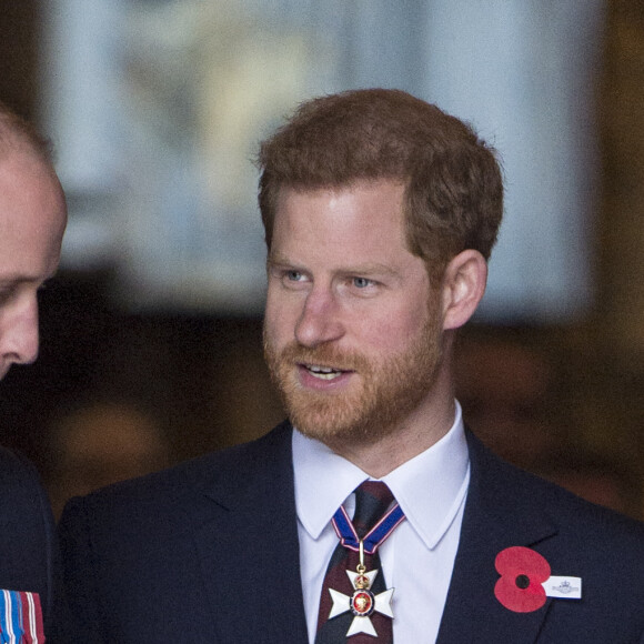 Le prince William, duc de Cambridge, et le prince Harry lors de la cérémonie commémorative de l'ANZAC Day à l'abbaye de Westminster à Londres. Le 25 avril 2018