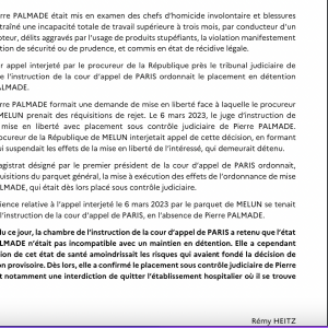 Communiqué de presse du parquet général de la Cour d'appel de Paris à propos de la décision concernant Pierre Palmade ce 14 mars 2023