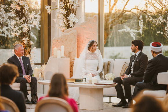 La roi Abdallah de jordanie et sa fille la princesse Iman de Jordanie, Jameel Alexander Thermiotis - Mariage de la princesse Iman de Jordanie avec Jameel Alexander Thermiotis au palais Beit al-Urdon à Amman en Jordanie le 12 mars 2023. 