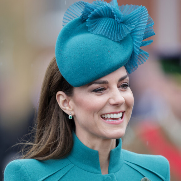 Le prince William, prince de Galles, et Catherine (Kate) Middleton, princesse de Galles, à l'assemblée annuelle des Irish Guards Parade de la St Patrick à Mons Barracks à Aldershot, le 17 mars 2023. 