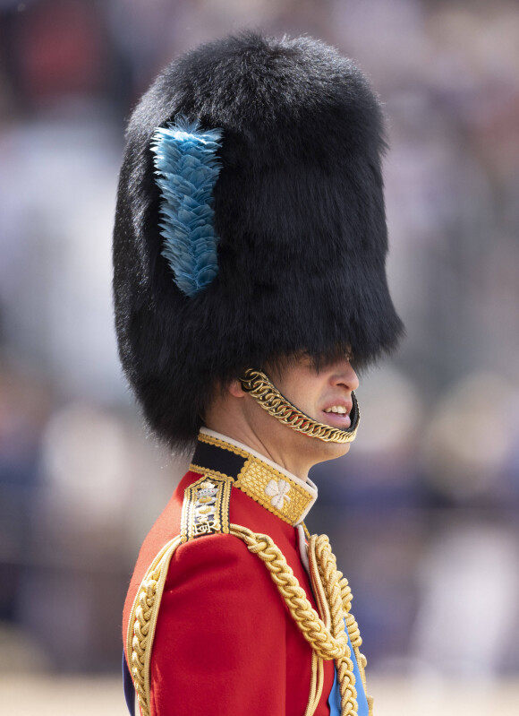Si le bleu de sa tenue a étonné, c'était pour rappeler la tenue des Irish Guards et leur coiffe. 
Le prince William, duc de Cambridge, supervise la parade des Horse Guards lors de la répétition avant le jubilé de platine de la reine d'Angleterre à Londres, Royaume Uni le 28 mai 2022. 