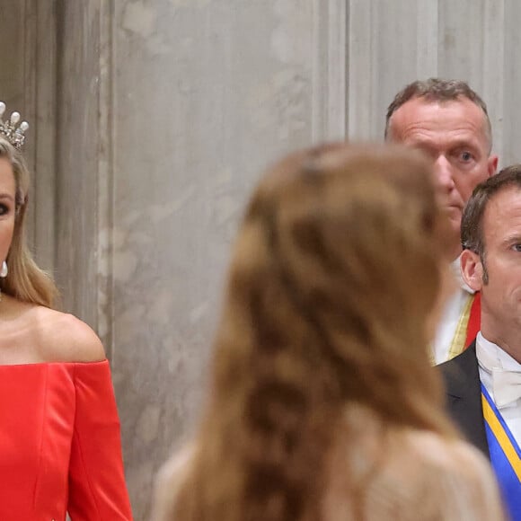 La reine Maxima des Pays-Bas, le président Emmanuel Macron au dîner d'Etat offert en l'honneur du Président de la République et de sa femme par le Roi des Pays- Bas au palais royal à Amsterdam le 11 avril 2023. © Dominique Jacovides / Bestimage 