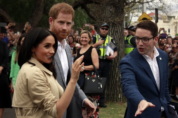 Le prince Harry, duc de Sussex, et Meghan Markle, duchesse de Sussex, visitent l'école primaire "Albert Park" à Melbourne, le 18 octobre 2018. 