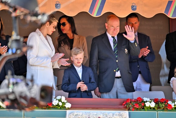 La princesse Charlene de Monaco, le prince Albert II de Monaco, le prince Jacques, Sean Wittstock avec sa femme Chantell Violet Serfontein - La famille princière de Monaco assiste à la finale homme du tournoi Rolex Monte Carlo Masters 2023 à Roquebrune-Cap-Martin le 16 avril 2023. En s'imposant devant Holger Rune (5-7, 6-2, 7-5), Andrey Rublev a décroché son tout premier Masters 1000. © Bruno Bebert/Bestimage 