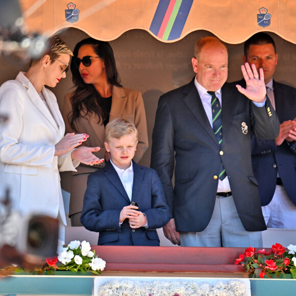 La princesse Charlene de Monaco, le prince Albert II de Monaco, le prince Jacques, Sean Wittstock avec sa femme Chantell Violet Serfontein - La famille princière de Monaco assiste à la finale homme du tournoi Rolex Monte Carlo Masters 2023 à Roquebrune-Cap-Martin le 16 avril 2023. En s'imposant devant Holger Rune (5-7, 6-2, 7-5), Andrey Rublev a décroché son tout premier Masters 1000. © Bruno Bebert/Bestimage 