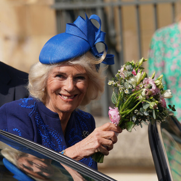 Camilla Parker Bowles, reine consort d'Angleterre - La famille royale du Royaume Uni arrive à la chapelle Saint George pour la messe de Pâques au château de Windsor le 9 avril 2023. 