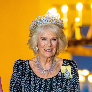 La reine consort Camilla Parker Bowles - Arrivées au dîner d'état donné par le président allemand et sa femme en l'honneur du roi d'Angleterre et de la reine consort, au Château Bellevue à Berlin, à l'occasion du premier voyage officiel du roi d'Angleterre en Europe. Le 29 mars 2023