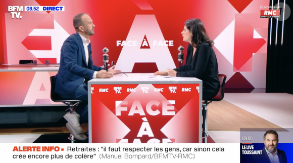 Le ton est très vite monté entre Apolline de Malherbe et son invité Manuel Bompard dans "Face à Face" sur BFMTV