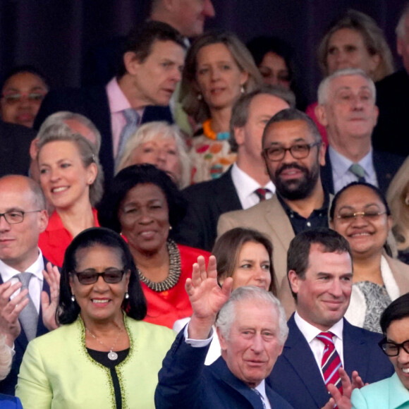Camilla Parker Bowles, reine consort d'Angleterree, le roi Charles III d'Angleterre et Patricia Janet Scotland, baronne Scotland d'Ashtal au concert du couronnement du roi et de la reine dans l'enceinte du château de Windsor, Royaume Uni, le 7 mai 2023. 