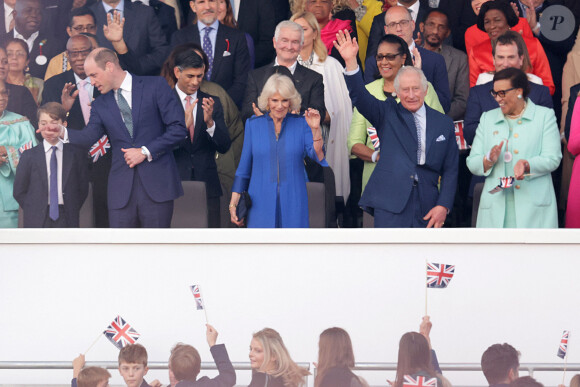 Le prince George de Galles, le prince William, prince de Galles, Camilla Parker Bowles, reine consort d'Angleterre, le roi Charles III d'Angleterre et Patricia Janet Scotland, baronne Scotland d'Ashtal au concert du couronnement du roi et de la reine dans l'enceinte du château de Windsor, Royaume Uni, le 7 mai 2023. 