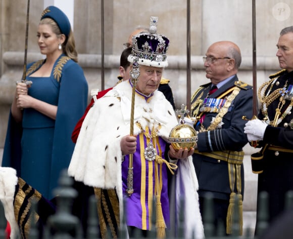 Sortie de la cérémonie de couronnement du roi d'Angleterre à l'abbaye de Westminster de Londres Le roi Charles III d'Angleterre lors de la cérémonie de couronnement du roi d'Angleterre à Londres, Royaume Uni, le 6 mai 2023. 