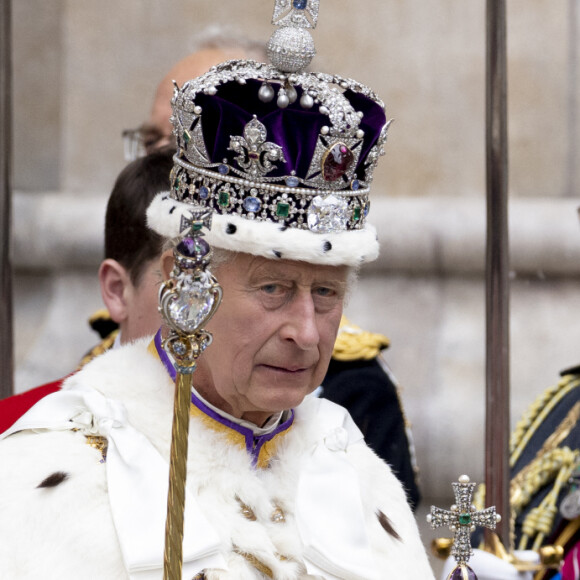 Sortie de la cérémonie de couronnement du roi d'Angleterre à l'abbaye de Westminster de Londres Le roi Charles III d'Angleterre lors de la cérémonie de couronnement du roi d'Angleterre à Londres, Royaume Uni, le 6 mai 2023. 