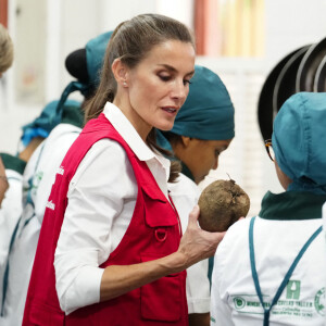 Une mission qui doit lui rappeler son époque de journaliste
La reine Letizia d'Espagne, accompagnée de la première dame de Colombie, Veronica Alcocer, visite le centre de formation "Taller Cartagena de Indias" à Carthagène, le 14 juin 2023, au premier jour de son voyage officiel en Colombie. Cette école propose une formation technique aux métiers traditionnels depuis 1992.