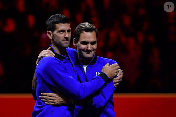 Roger Federer (Sui) et Novak Djokovic (Ser) - Tournoi de tennis Laver Cup à l'O2 Arena de Londres, Grete-Bretagne, le 25 septembre 2022.