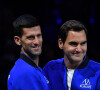Roger Federer s'exprime sur Novak Djokovic
 
Roger Federer (Sui) et Novak Djokovic (Ser) - Tournoi de tennis Laver Cup à l'O2 Arena de Londres, Grete-Bretagne.