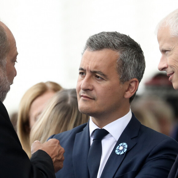 Le ministre de l'intérieur, Gérald Darmanin , Franck Riester, ministre délégué, chargé des Relations avec le Parlement et Eric Dupond-Moretti, ministre de la Justice, garde des Sceaux lors de la cérémonie du 143ème défilé militaire du 14 juillet, jour de la Fête Nationale, sur les Champs-Elysées et la place de la Concorde, à Paris, France, le 14 juillet 2023. © Stéphane Lemouton/Bestimage 