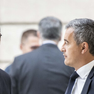 Alexis Kohler, secrétaire général de l'Elysée et Gérald Darmanin, ministre de l'Intérieur et des Outre-mer - Le président de la République Emmanuel Macron reçoit les maires des communes victimes de violences au palais de l'Elysée à Paris, France, le 4 juillet 2023. © Eliot Blondet/Pool/Bestimage 