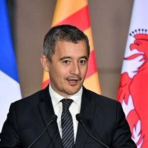 Gérald Darmanin, le ministre de l'Intérieur et des Outre-Mer, durant le lancement à Nice des travaux du premier hôtel des polices de France et d'Europe, le 9 décembre 2022. © Bruno Bebert / Bestimage