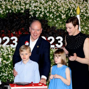 Le prince Albert II de Monaco, La princesse Charlène de Monaco, Le prince Jacques de Monaco, marquis des Baux, La princesse Gabriella de Monaco, comtesse de Carladès - "Le rocher en fête" la principauté de Monaco fête le centenaire du prince Rainier III à Monaco, le 31 mai 2023. © Claudia Albuquerque / Bestimage 