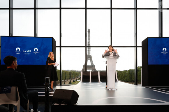 Amélie Oudéa-Castéra lors d'une conférence de presse à Paris, le 24 juillet 2023.